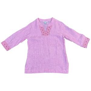Tommy Bahama Tunic Top Sunset Linen Chambray Embellished Blouse Hot Pink Small